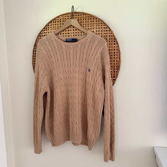 Polo by Ralph Lauren Men's XL Cable-Knit Cotton Sweater Tan Hong